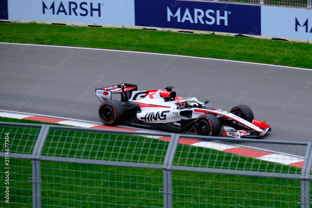 Obraz premium May 24, 2026, Montreal, Canada - Haas Formula 1 car on track by Ocon and Bearman at Circuit Gilles Villeneuve. g.