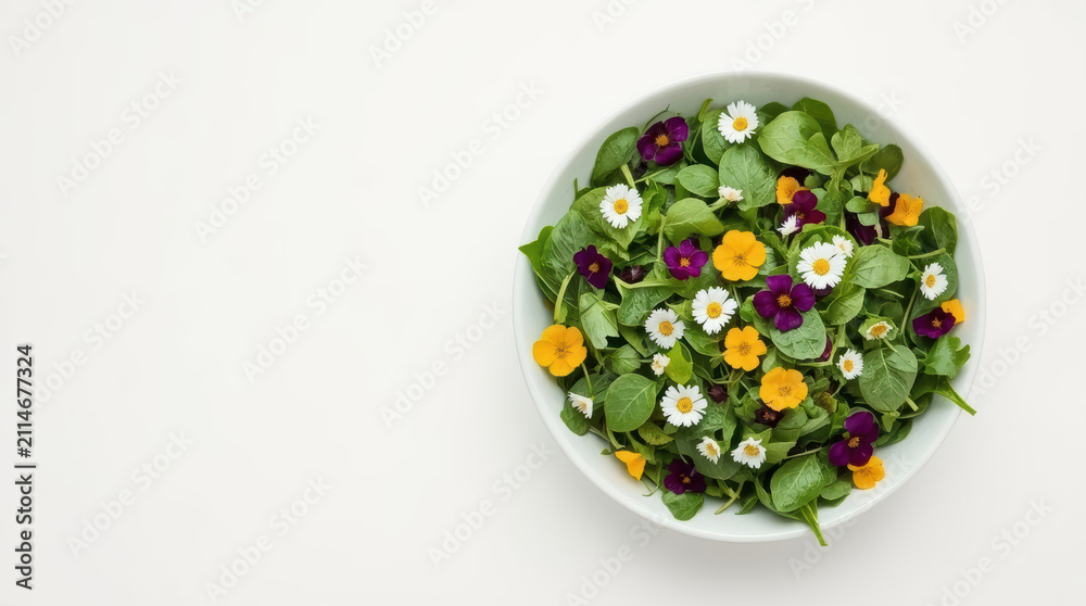 Fototapeta premium Edible flower salad bowl with mixed greens and daisies, vibrant fresh garnish