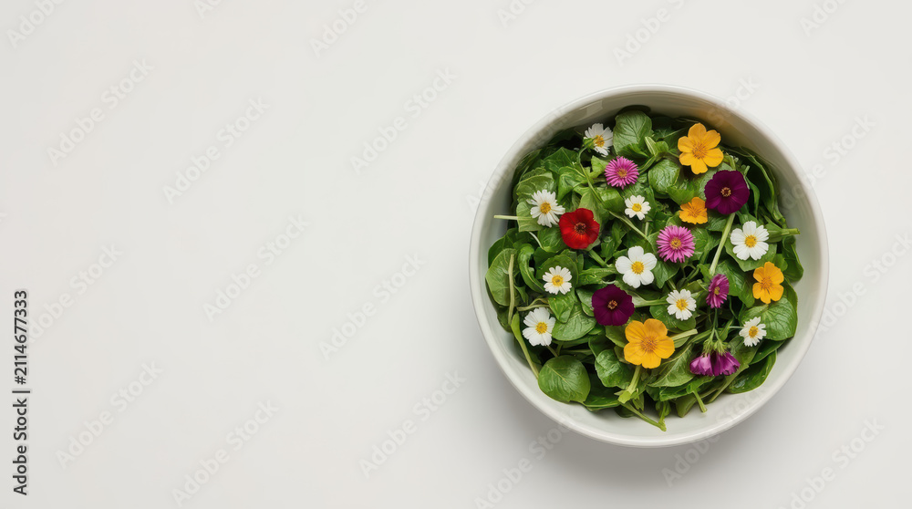 Fototapeta premium Edible flower salad bowl with mixed greens and colorful blossoms, fresh and bright