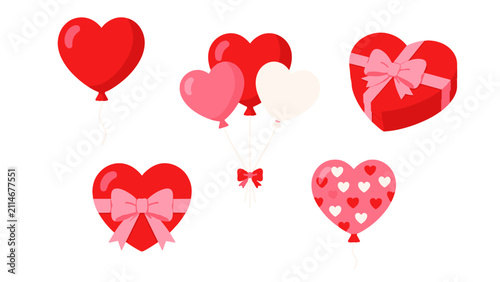 Heart balloons and gift boxes vector set on white background