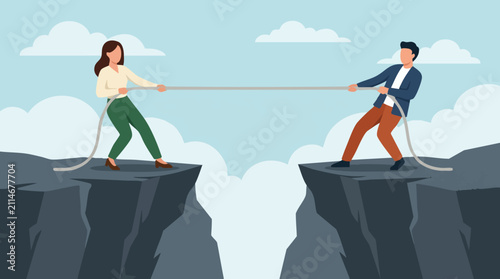 Man and woman in tug of war over chasm, representing business conflict