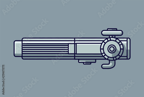 Detailed top view illustration of a metallic futuristic cylinder handle or high tech device against grey background.