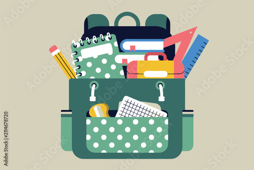 Green school backpack filled to the brim with notebooks rulers pencils and other essential academic stationery items.