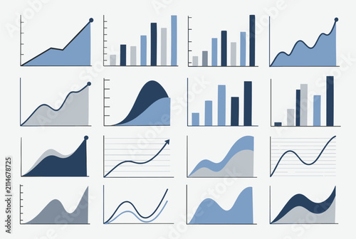 Collection of sixteen different financial chart and graph icons showing upward business growth on a light background.