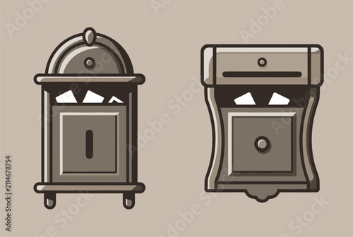 Two vintage style metal mailboxes filled with letters shown in a detailed flat illustration on a solid background.