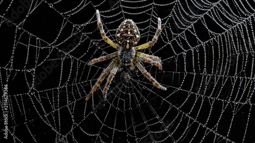 Garden Spider on a Dew-Covered Web with Water Droplets Against a Dark Background