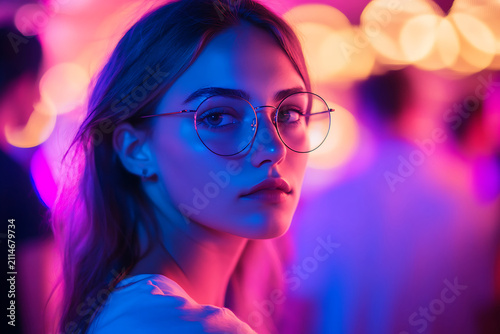Portrait of a young woman wearing glasses illuminated by vibrant neon lights at night.