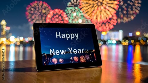 Tablet displaying 'Happy New Year' message with festive fireworks over illuminated city skyline at night.