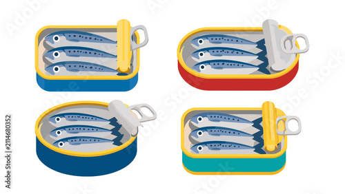 Set of canned sardine tins with fish isolated on white