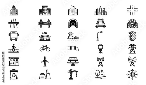 Premium infrastructure, city, urban, transportation and utilities line icons set