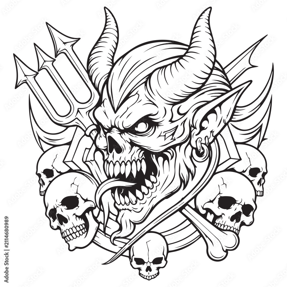 Obraz premium Demonic skull with trident and skulls with black and white