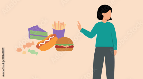 Foto Illustration: Person refusing fast food and sweets for healthy lifestyle