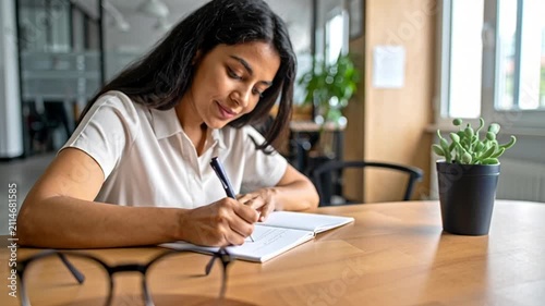 Happy Young Indian Woman Writing Notes in Notebook on Wooden Desk with Glasses