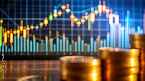 Financial growth concept: Stacks of increasing gold coins with a blurred stock market chart background, illustrating investment success and prosperity.