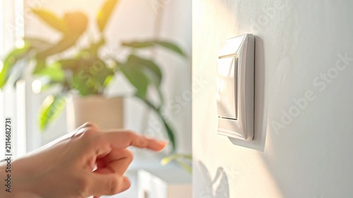 Close-up of a hand pressing a white light switch on a wall to turn on or off electricity in a modern home.