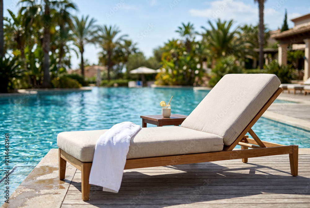 Fototapeta premium Comfortable poolside lounge chair with towel and cocktail on a wooden deck for resort relaxation and summer background