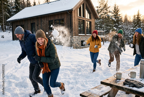 Group of friends having energetic snowball fight outside a winter cabin for winter vacation activity background and seasonal lifestyle image