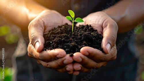 Hands Gently Holding a Small Green Seedling in Dark, Fertile Soil with Sunlight
