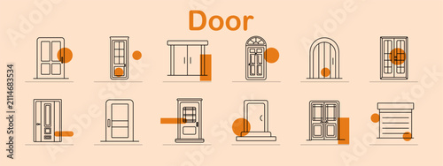 Door set icon. Decorative entrance, narrow window panel, sliding passage, arched gateway, wooden frame, residential doorway, modern portal, rolling garage collection.