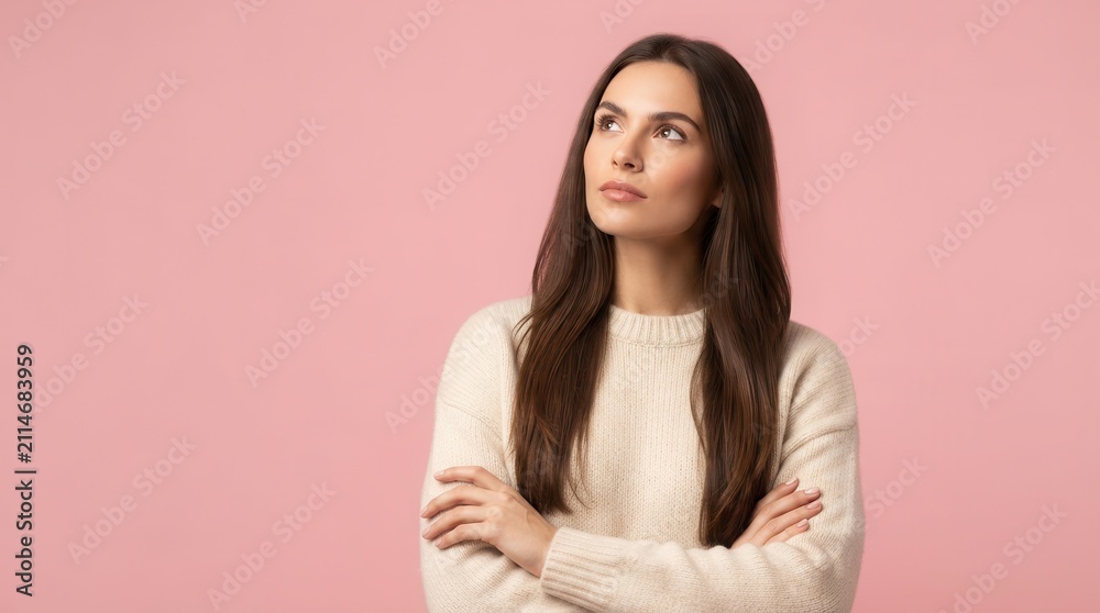 Obraz premium Thoughtful young woman with crossed arms looking up against a pink background.