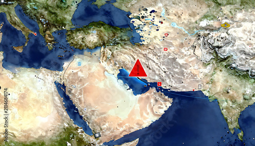 Satellite map of Middle East with red warning marker. Geographic location pin on world map.