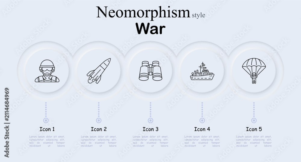 Obraz premium War neomorphism set icon. Armed soldier, flying missile, surveillance binoculars, naval battleship, airborne parachute, military transport, tactical operation graphics.