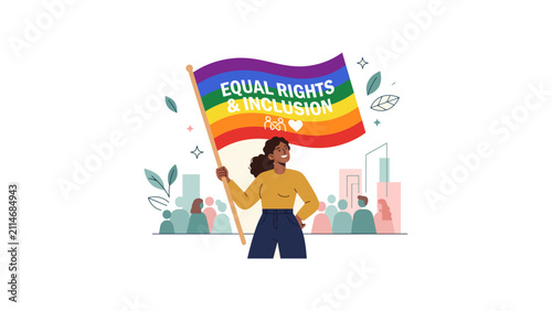 Woman holding rainbow flag for equal rights. LGBTQ pride concept with inclusive community.