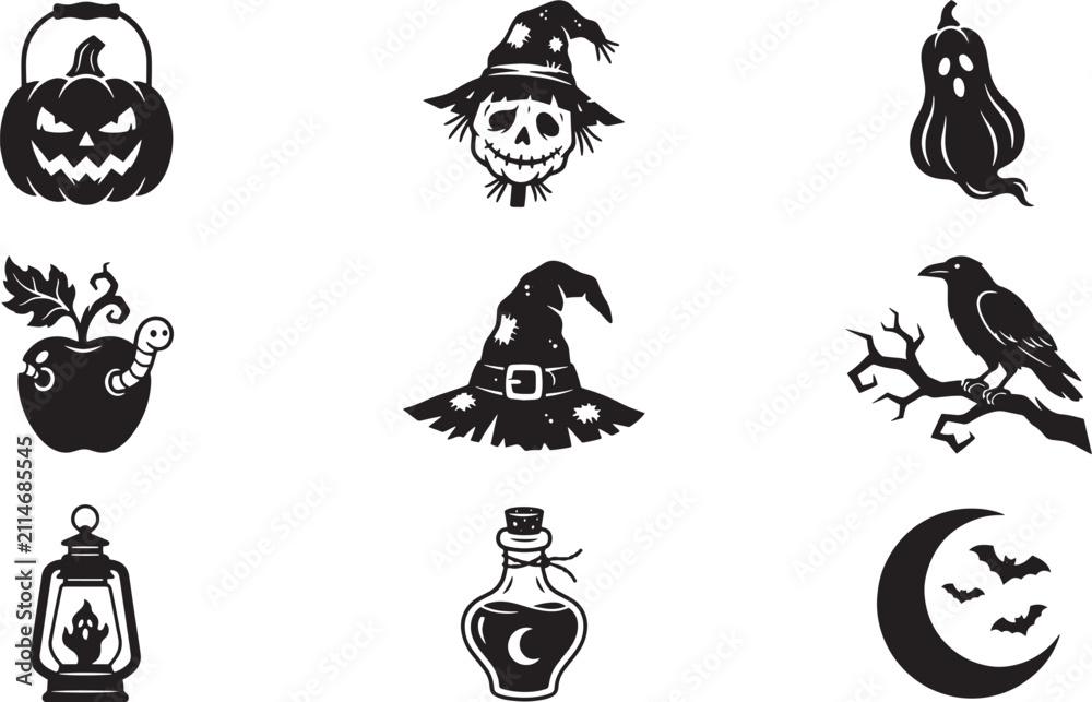 Fototapeta premium Vintage Halloween icons set, black and white spooky vector elements, 9 hand drawn occult illustrations for autumn holiday design