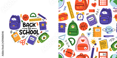 Vector back to school card template with cute school supplies illustration and matching seamless pattern. Colorful education set for classroom, stationery and printable design.