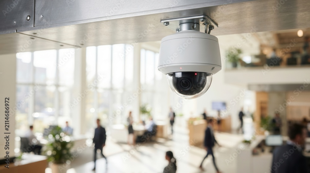 Obraz premium A modern white security camera mounted on a ceiling in a busy corporate office lobby.