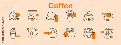 Coffee set icon. Roasted beans, electric brewer, ceramic teacup, takeaway beverage, steaming mug, metal kettle, whipped dessert, portable carrier collection.