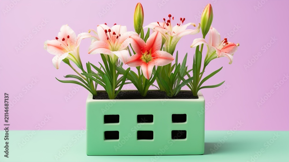 Obraz premium Pink lily flowers in green pot. Floral arrangement for spring home decor background.