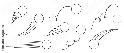 Set of hand drawn sports balls with motion and bounce lines, black outline vector icons for football, soccer and tennis designs.