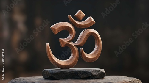 Bild auf Leinwand Wooden om symbol on a stone base against a dark background