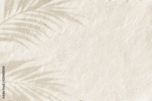 A soft natural palm leaf shadow cast across a textured cream-colored handmade paper background creating an elegant minimalist and serene aesthetic for artistic design