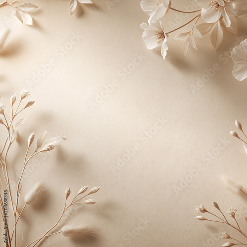 A soft minimalist composition featuring delicate cream-colored flowers and dried grasses arranged gracefully against a textured warm beige background with gentle natural lighting