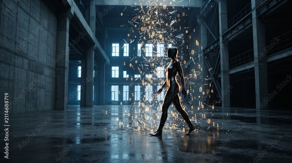 Obraz premium AI Humanoid Walks Through Exploding Data Stream and Shattered Bits in Abstract World.