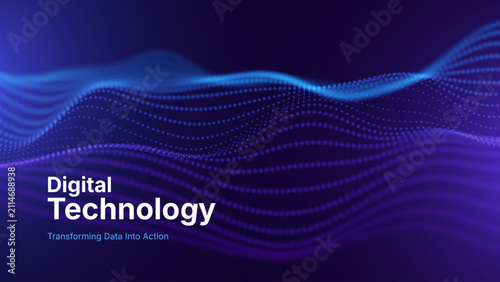Blue Purple Particles Digital Technology Banner Background. Futuristic Data Flow Abstract Wave Design. Vector Illustration.