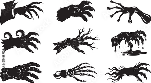 Spooky monster hands collection, creepy creature claws and zombie limbs set, 9 black vector silhouettes for Halloween design and horror posters