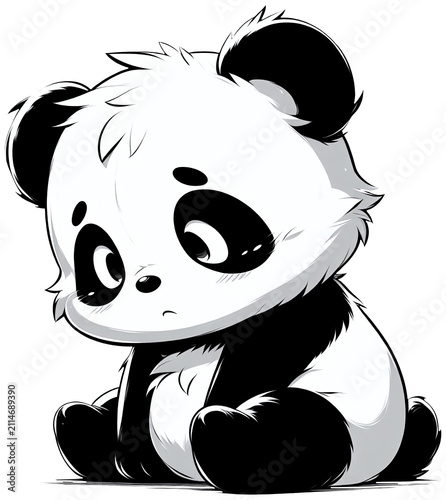 A panda looking down with drooping ears