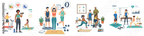Vector illustration set of fitness and workout lifestyle elements on a white background.