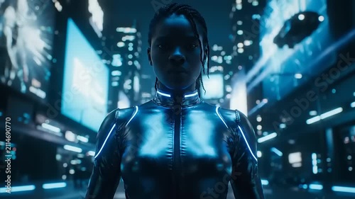 Futuristic Robot Standing in Neon Cityscape.