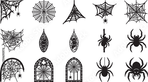 Quadro su tela Halloween spider web silhouettes, 15 black spiderweb icons and arachnid elements