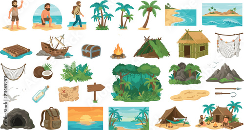 Foto Desert Island Castaway Survival Adventure and Tropical Jungle Vector Asset SetDe