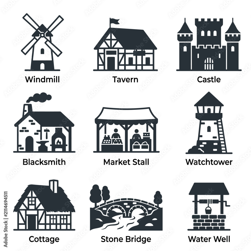 Fototapeta premium Medieval building and village structure icon set including castle windmill and cottage