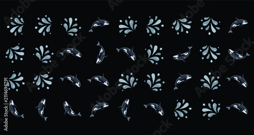 Konstfotografi pattern of black and white killer whales and blue water splash shapes on dark ba