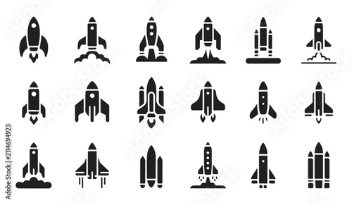 Rocket launch and space exploration icon pack with various takeoff stages and flying ships.