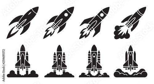 Rocket launch vector icons, spaceship flying and launching, startup concept, space travel.