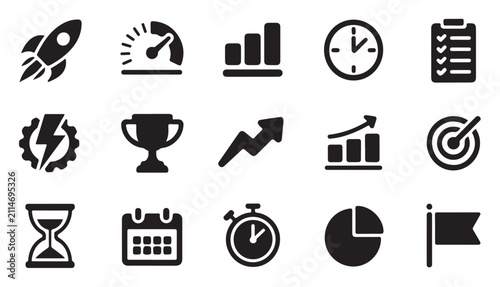 Business growth strategy icons set featuring various charts and productivity tool symbols.