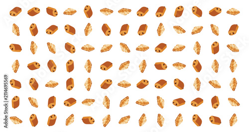 Quadro su tela pattern of small brown and beige baked pastries on white background with space f